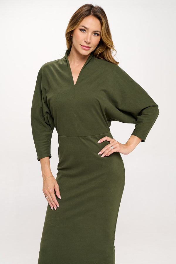 Suede Solid Dolman Sleeve Midi Bodycon Dress-0