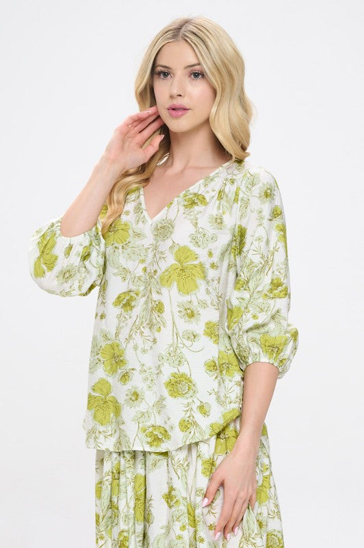 Floral Print V neck 3/4 Sleeve Top-2