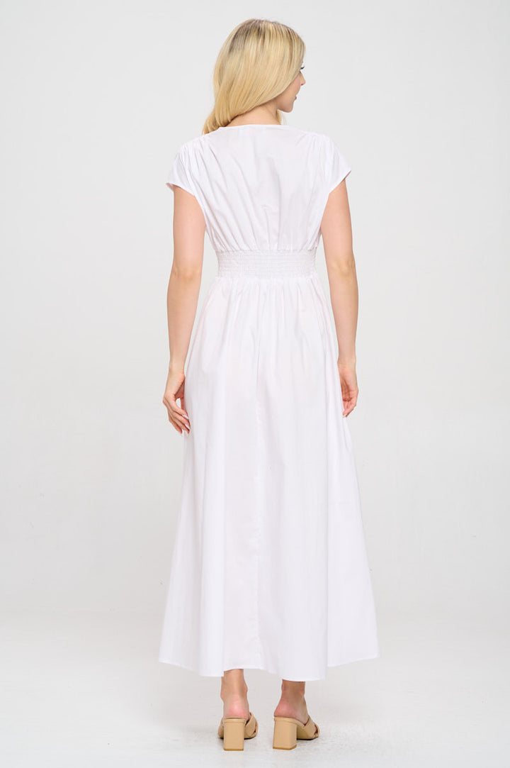 Cotton Solid V neck Maxi Dress with Smock Waist-4