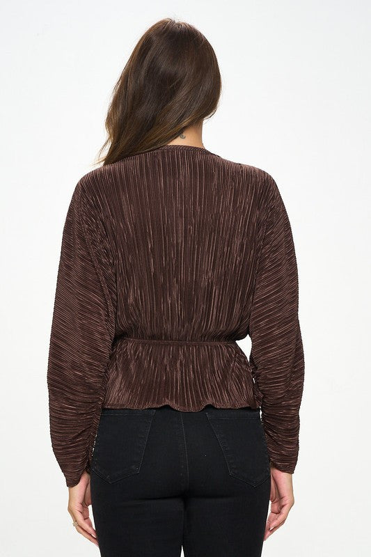 Plisse V neck Top with Balloon Dolman Sleeve-3