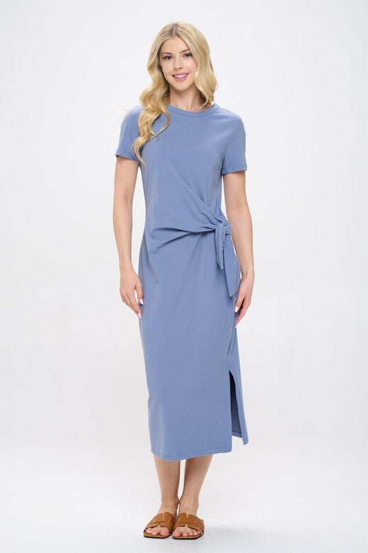 Solid Short Sleeve Bodycon Midi Dress with Front Tie and Slit-1