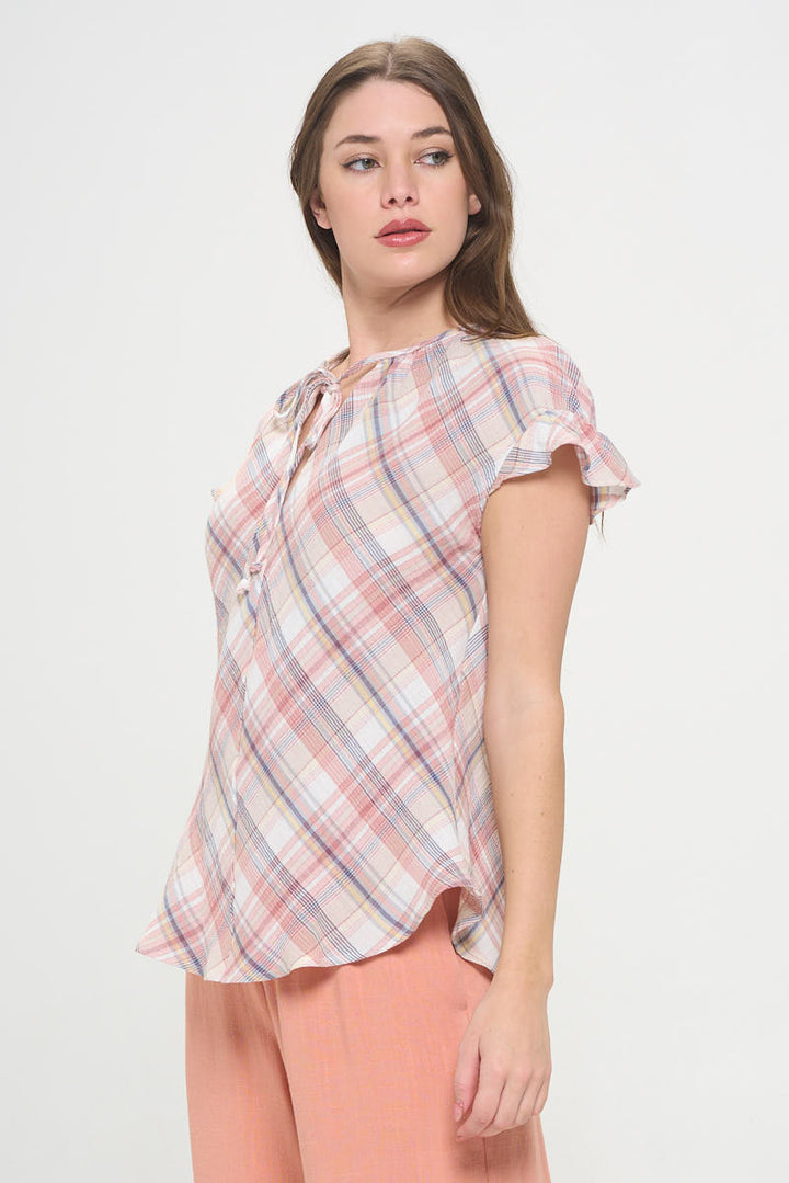Plaid Short Sleeve V neck Top with Ruffle Sleeve and Tie-2