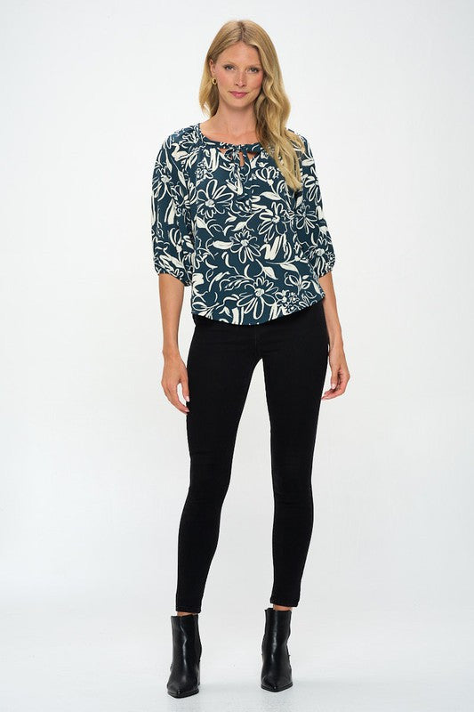 Flower Print V neck Top with 3/4 Sleeve and Tie-4