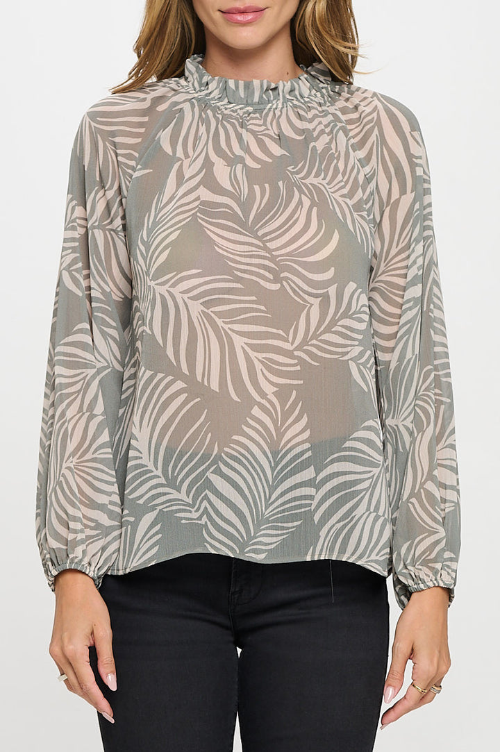 Print Sheer Ruffle Mock Neck Top-1