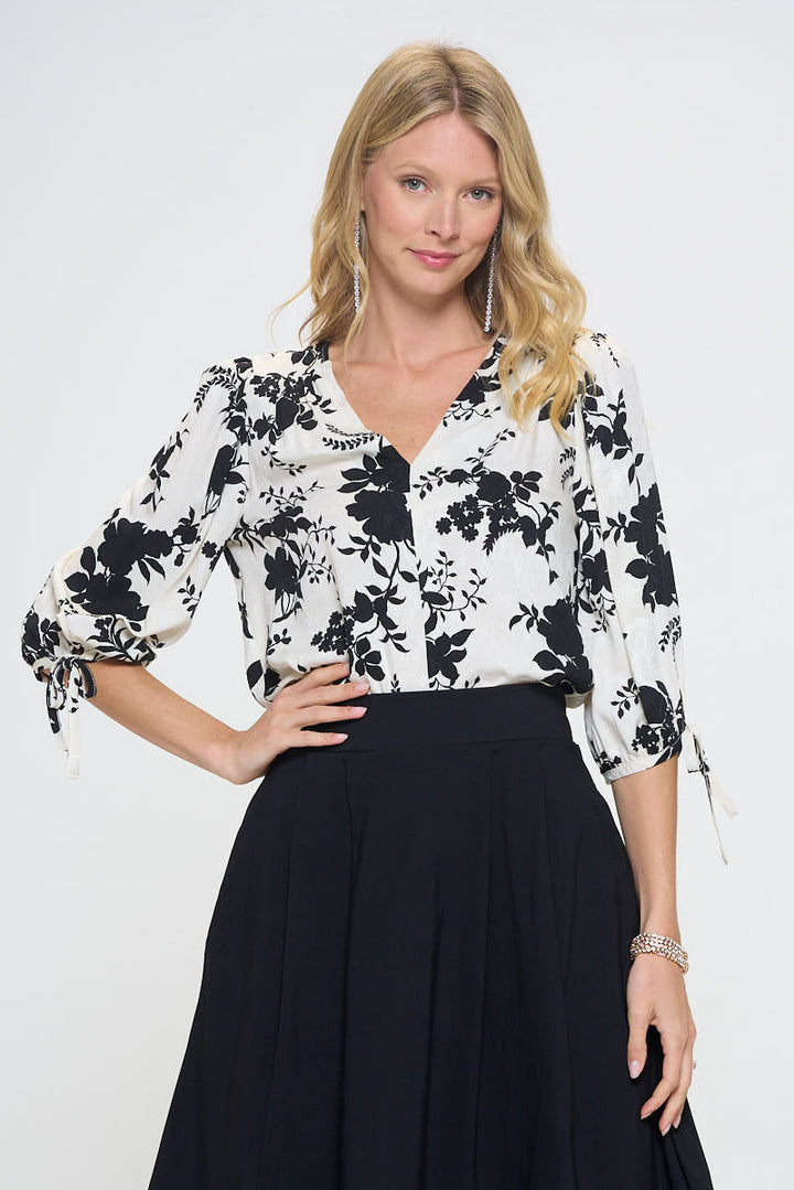 Flower Print V neck Top with Self Tie Sleeves-1
