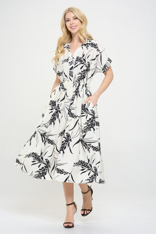 Print Collared V neck Midi Dress with Pockets-1