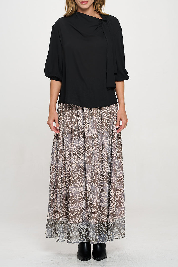 Solid Sheer 3/4 Sleeve with Scarf Detail-1