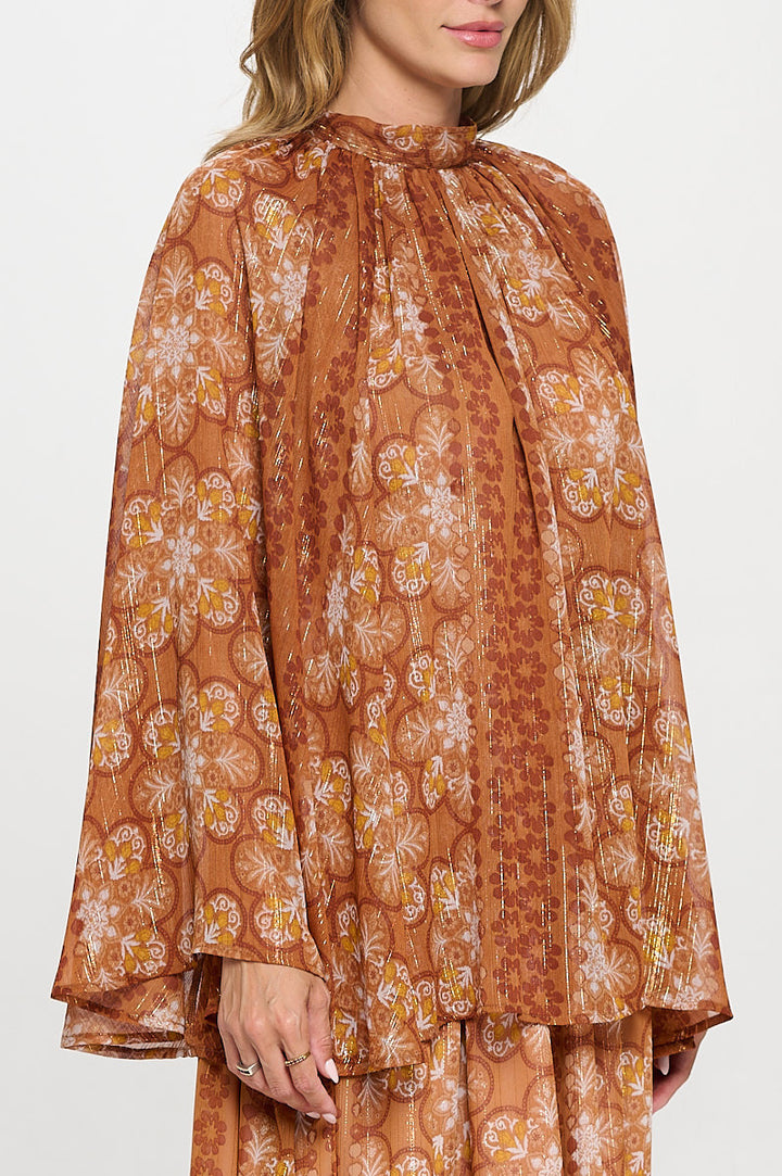Print Sheer Long Bell Sleeve Top with Back Tie Detail-1