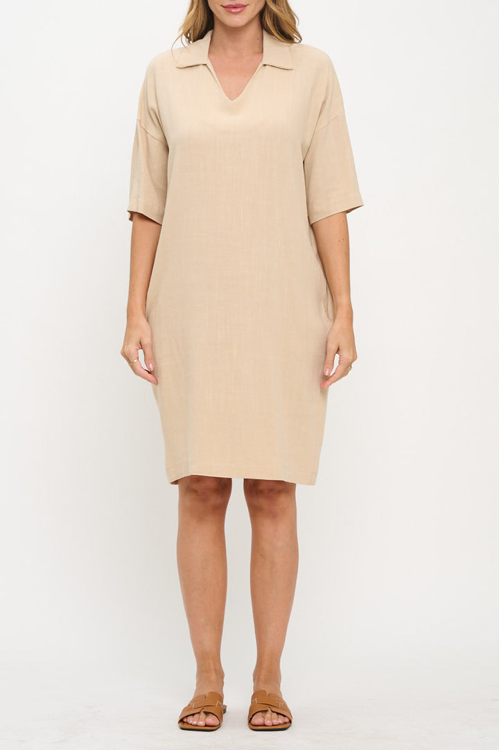 Linen V neck Collared Dress with Pockets-3