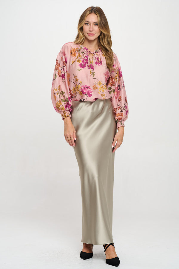 Floral Print V neck Top with Cuffed Sleeve-5