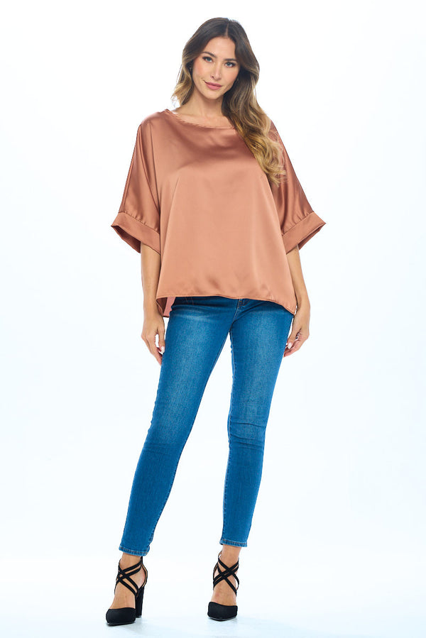 Stretch Satin Solid Round neck Oversize Top-5