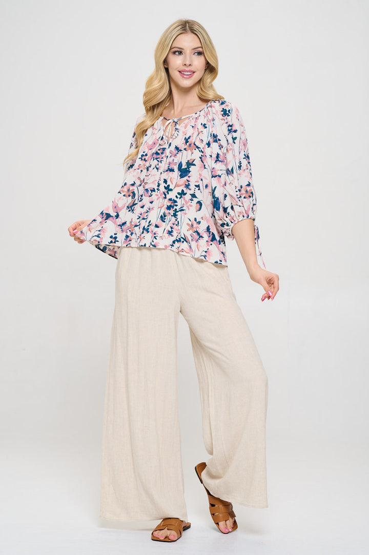 Floral Print V neck Top with Sleeve Tie-4