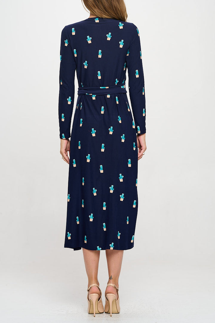 Knit Print V neck Jersey Wrap Maxi Dress with Tie-3