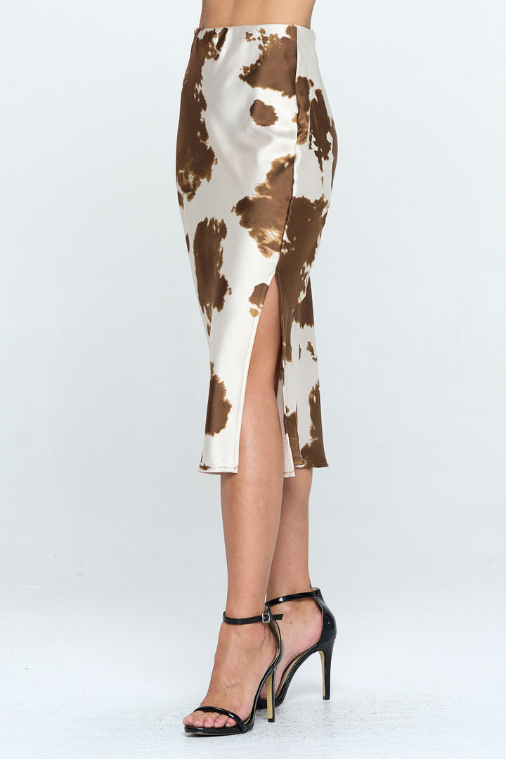 Satin Cow Print Midi Skirt with Slit-1