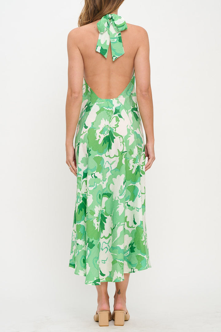 Floral Print Halter neck Backless Midi Dress-3