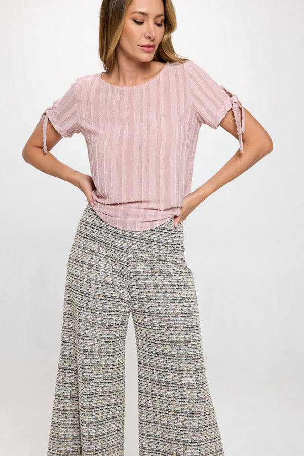 Textured Solid Short Sleeve Top with Tie Sleeve-0