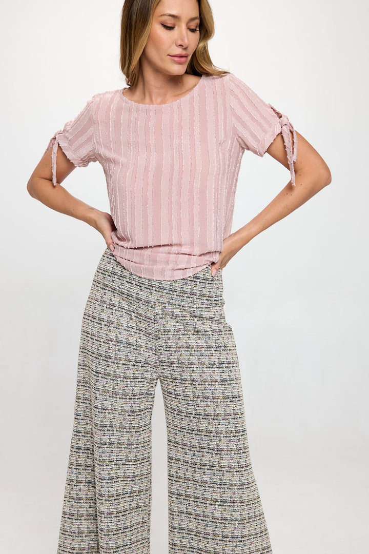 Textured Solid Short Sleeve Top with Tie Sleeve-0