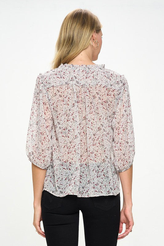 Floral Print Semi Sheer Top with Tie-3