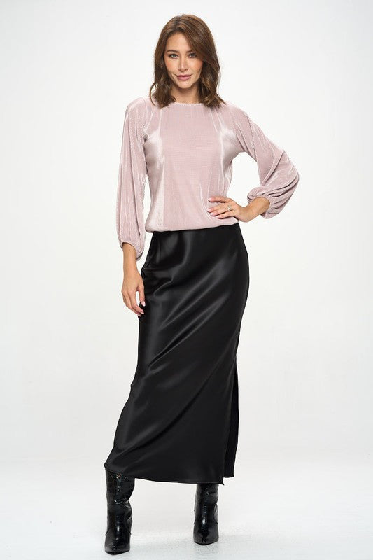 Plisse Solid Round neck Top with 3/4 Sleeve-4
