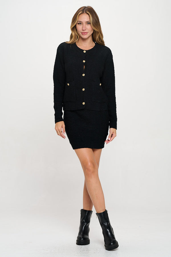 Knit Long Sleeve Cardigan Top and Skirt Set-5