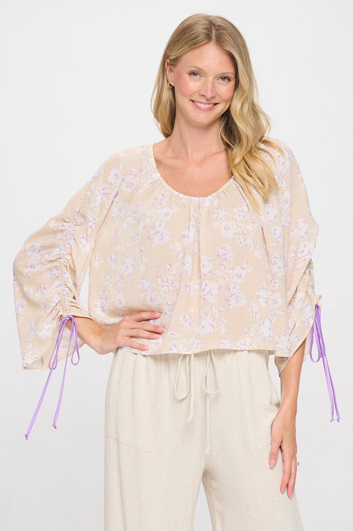 Floral Print Boat Neck Top with Adjustable Tie Sleeve-1