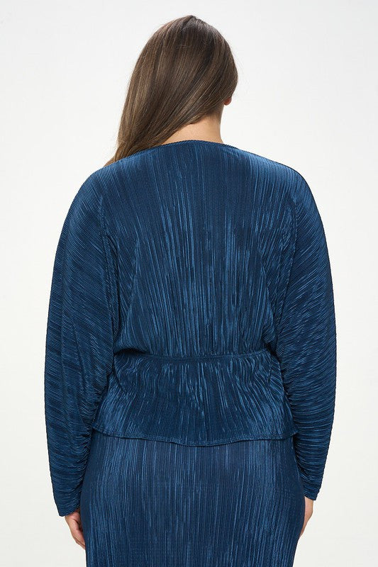 Plisse V neck Top with Balloon Dolman Sleeve-3