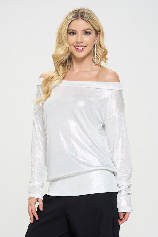 Metallic Off the Shoulder Long Sleeve Top-1
