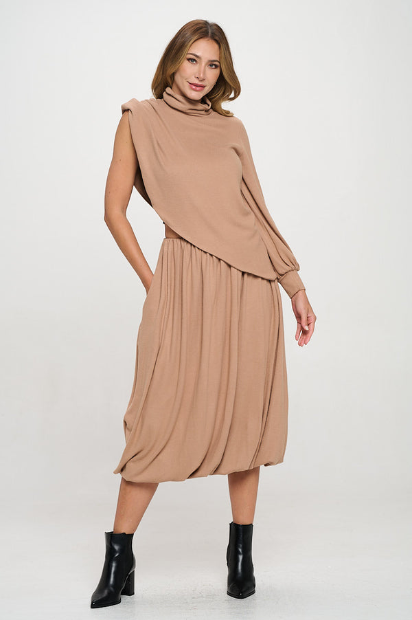 Made in USA Knit Asymmetrical One Sleeve Mock neck Top-5