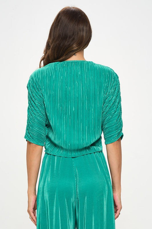 Plisse Mid Scrunched Sleeve Top with Front Twist-3