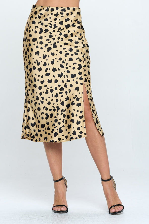 Satin Leopard Print Midi Skirt with Slit-0