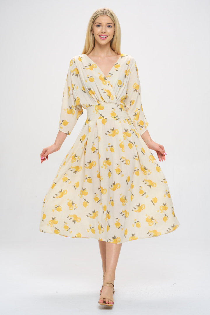 Lemon Print V neck Swing Midi Dress with Pockets-1