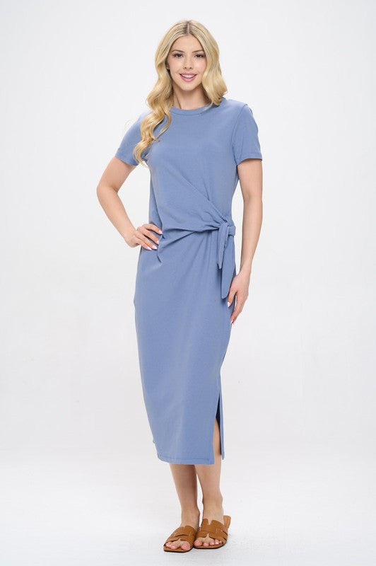 Solid Short Sleeve Bodycon Midi Dress with Front Tie and Slit-2