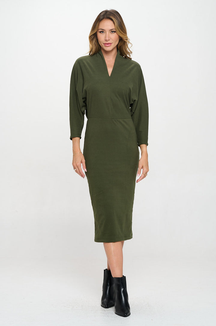 Suede Solid Dolman Sleeve Midi Bodycon Dress-1