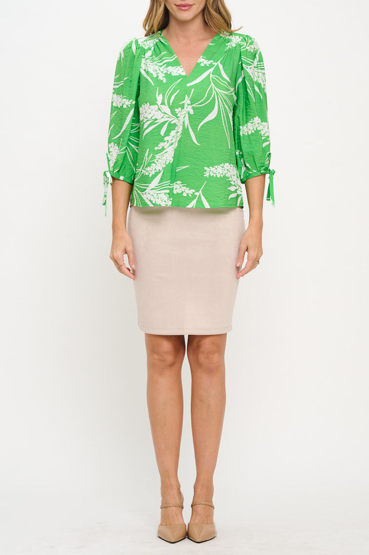 Floral Print V neck Top with Sleeve Tie-1