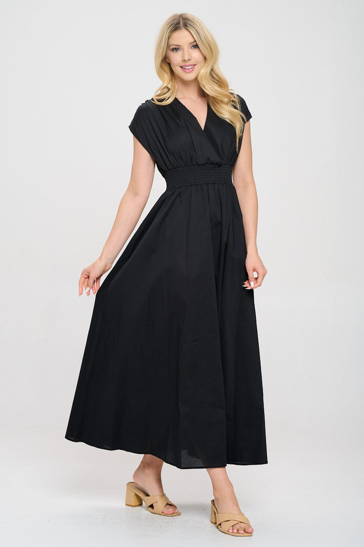 Cotton Solid V neck Maxi Dress with Smock Waist-3