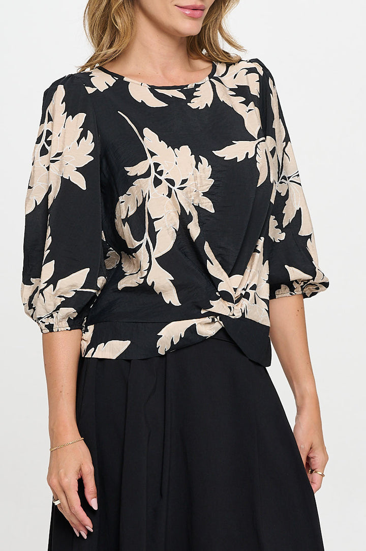 Floral Print 3/4 Sleeve Top with Front Twist-2
