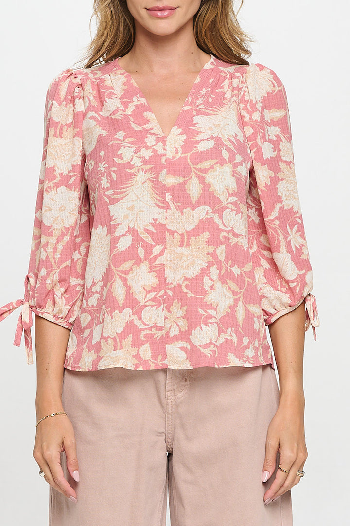 Floral Print V neck Top with Sleeve Tie-1