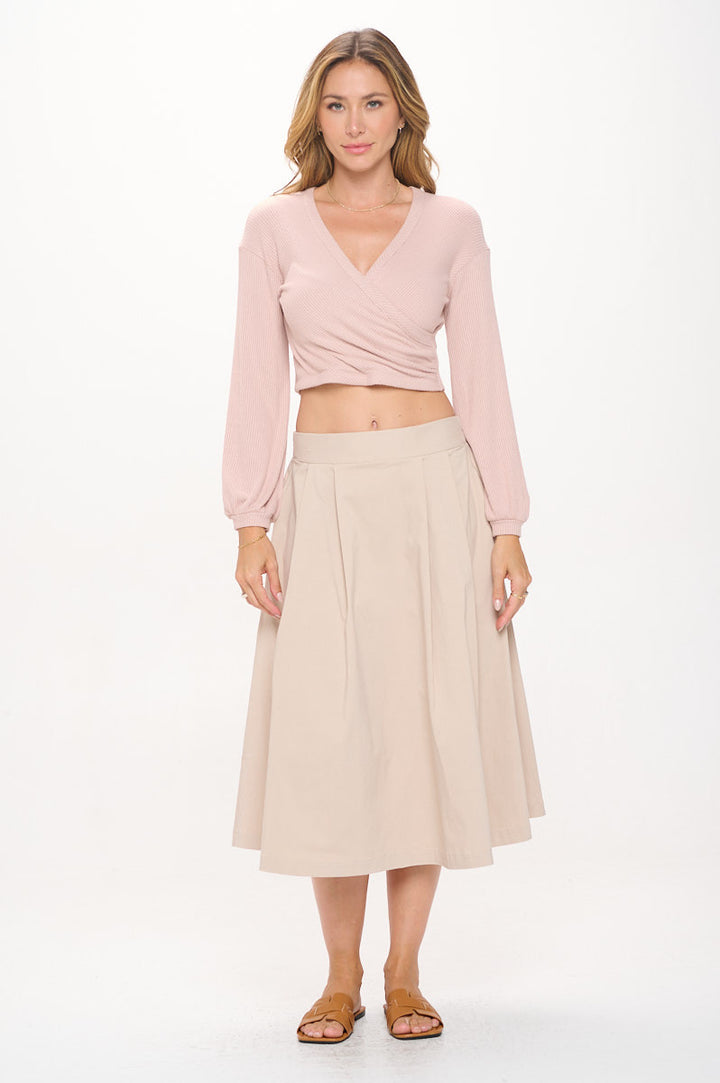 Solid V neck Surplice Crop Top with Long Sleeve-4