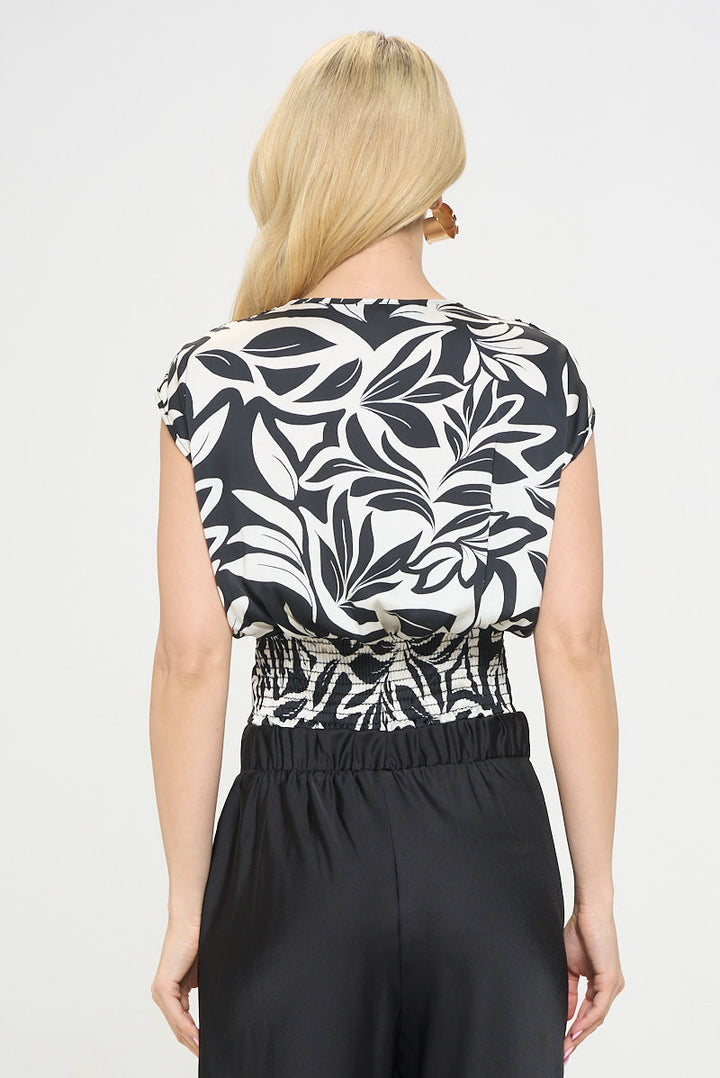 Satin Floral Print V neck Crop Top w Smock Back Detail.-3