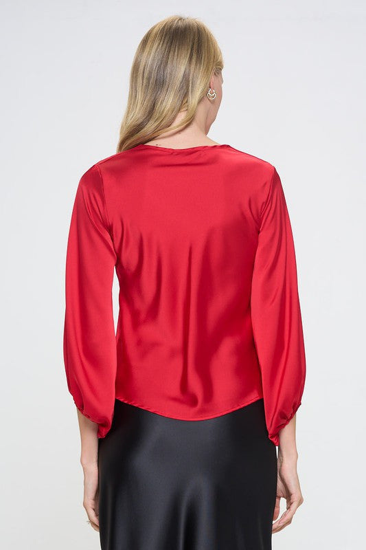 Stretch Satin V neck Top with Front Twist-3