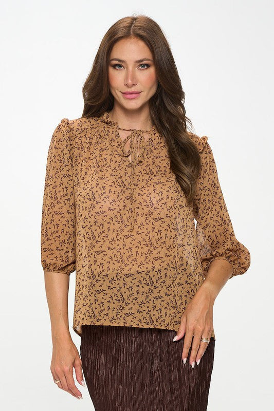 Floral Print Semi Sheer Top with Tie-1