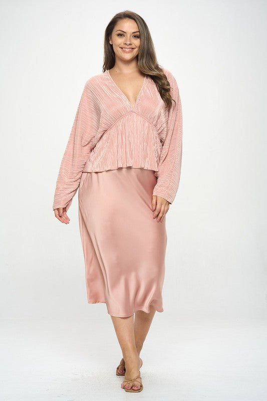 Plisse V neck Top with Balloon Dolman Sleeve-4
