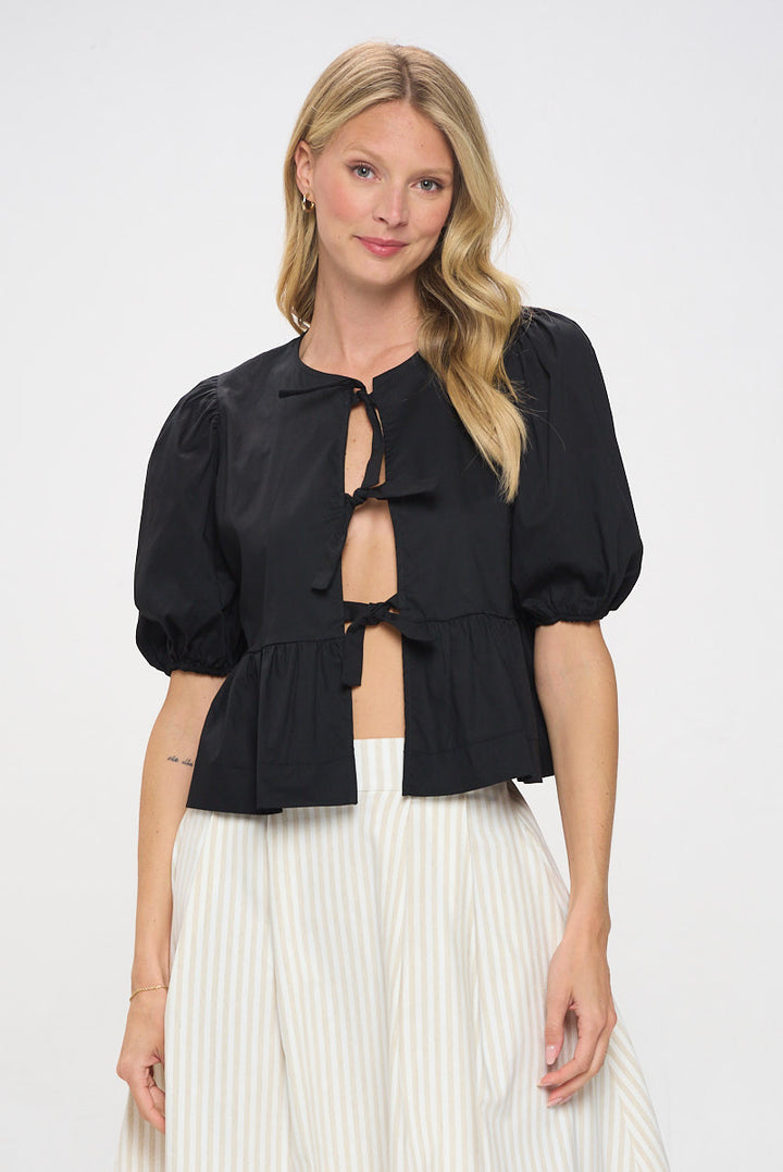 Cotton Puff Sleeve Top with Front Tie Detail-1