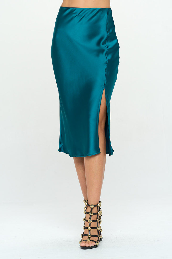 Solid Stretch Satin Midi Skirt with Slit-1