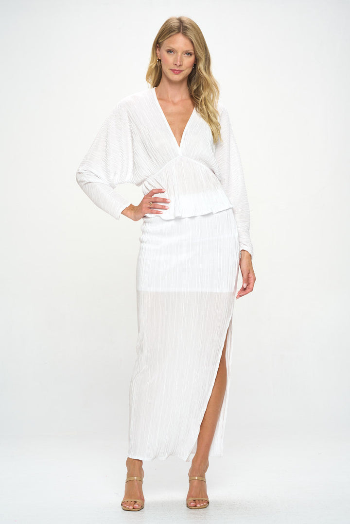 Plisse V neck Top with Balloon Dolman Sleeve-4