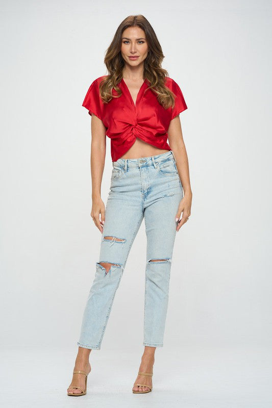 Satin Short Sleeve Top with Front Twist-4