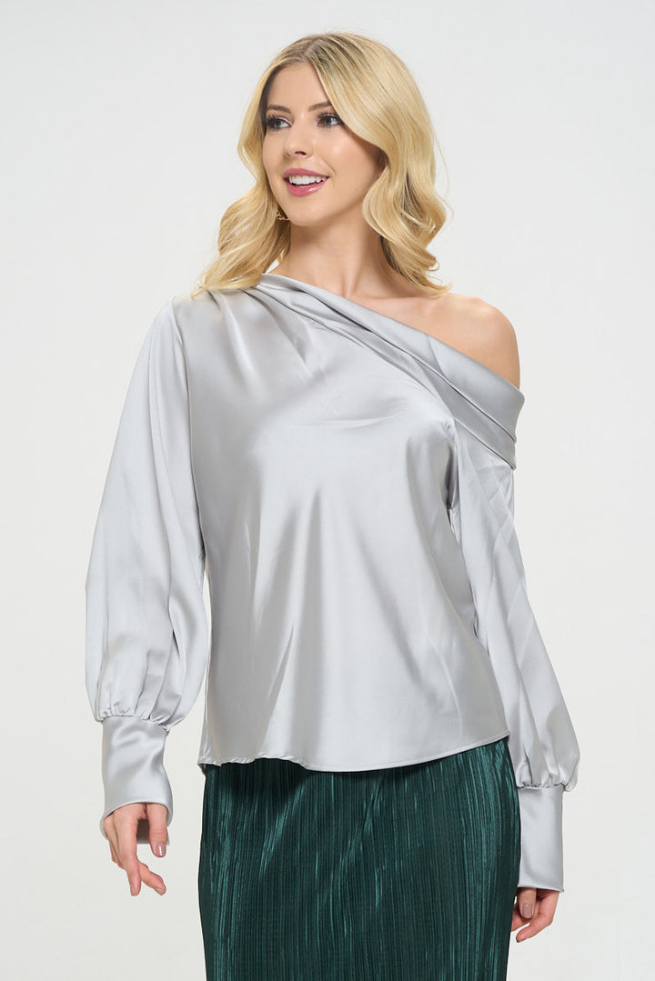 Dropped Shoulder Long Sleeve Satin Top-1