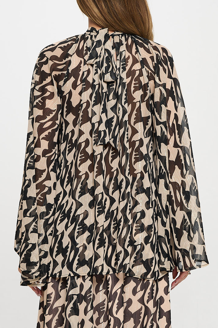 Print Sheer Long Bell Sleeve Top with Back Tie Detail-3