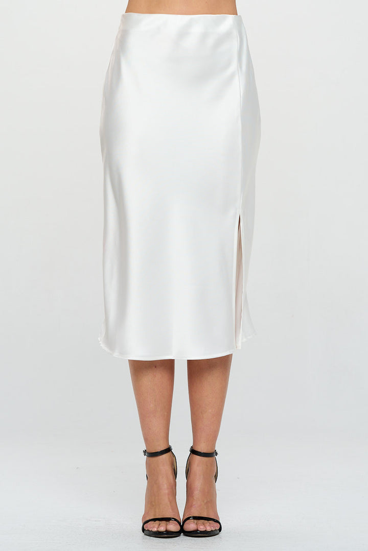 Solid Stretch Satin Midi Skirt with Slit-0
