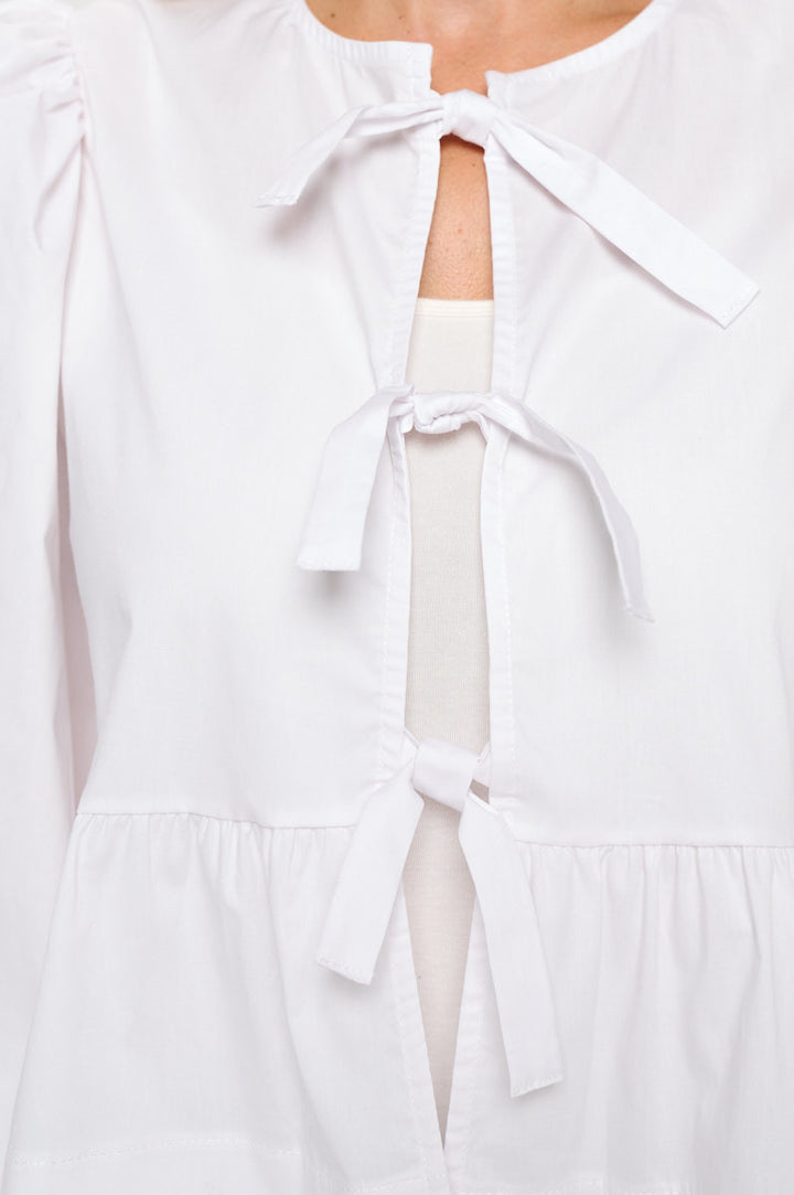Cotton Solid Long Puff Sleeve Top with Open Front Tie Detail-1